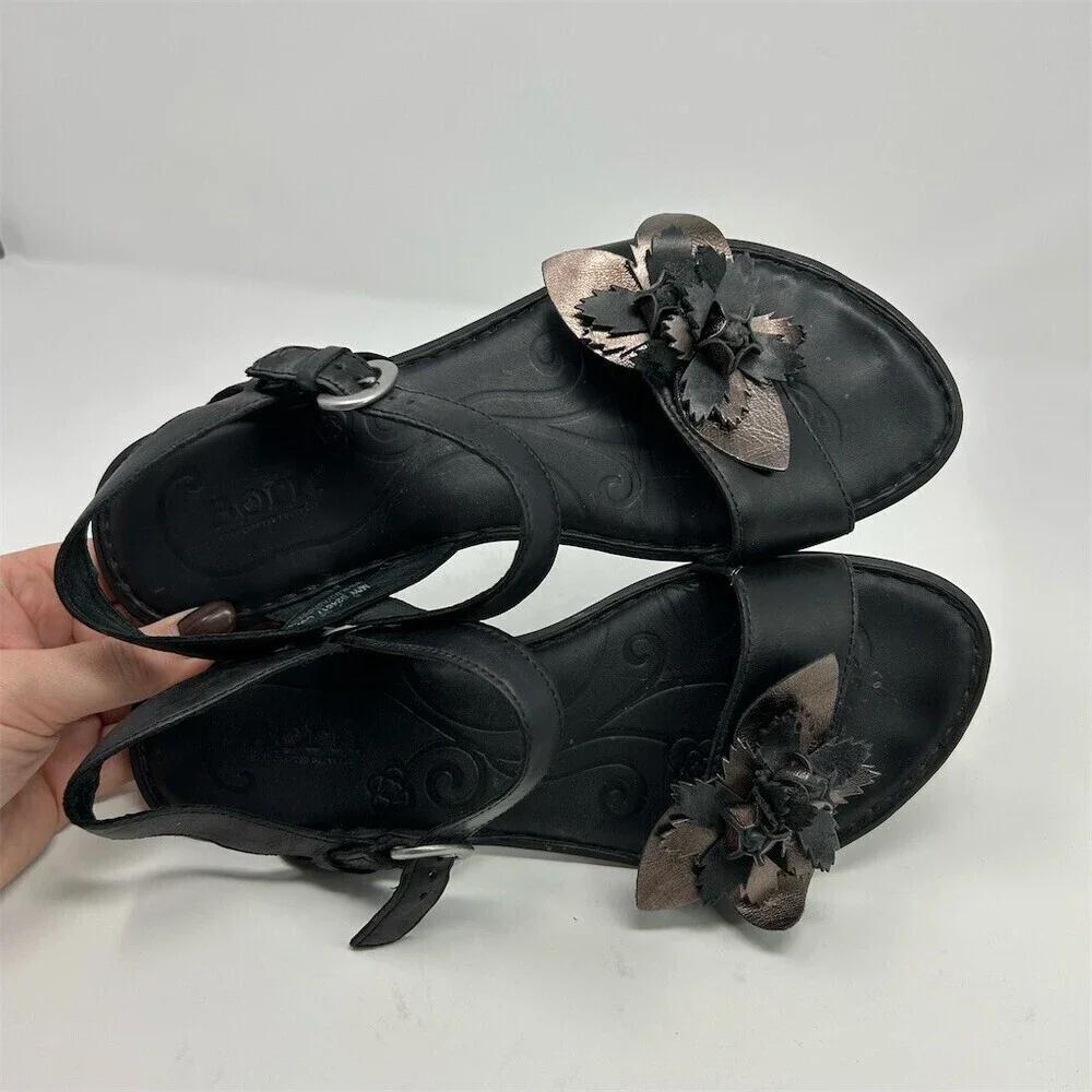 Born Yuki Women's Strappy Sandals Black Slingback Floral Accent Flat Size 8